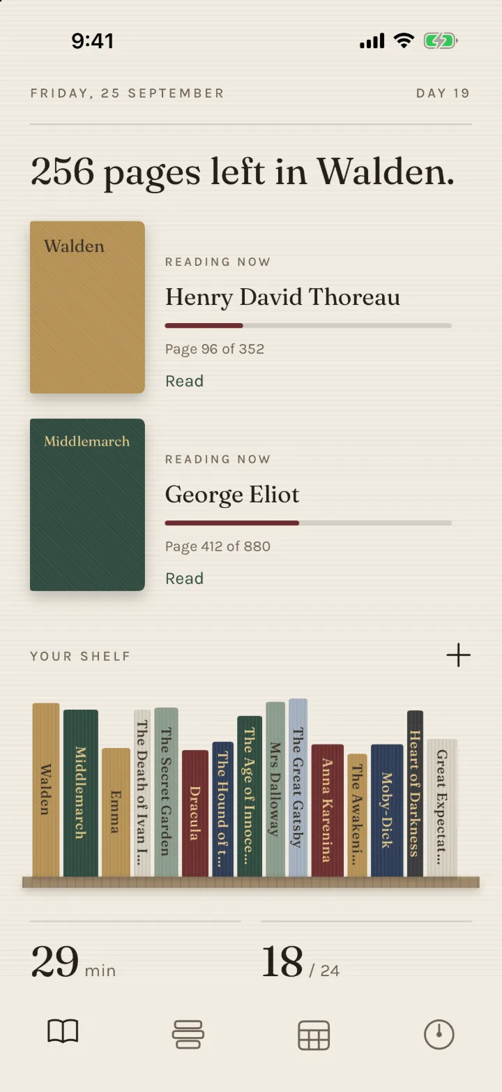 Leafin's Home screen: Middlemarch and Walden in progress, and the shelf of cloth spines below.