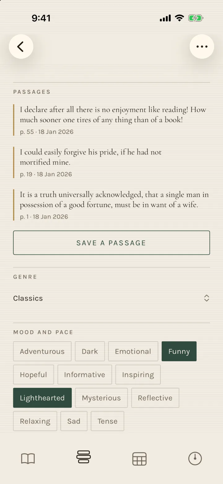 A book's page in Leafin, with lines kept from it and the page each came from.