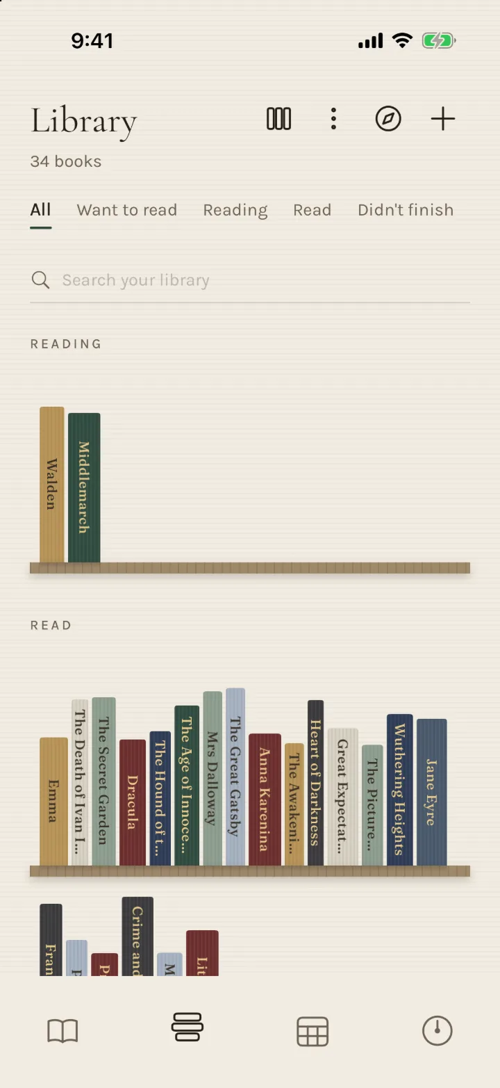 The Library as a shelf: cloth-bound classics standing on wooden planks, one plank for each reading status.
