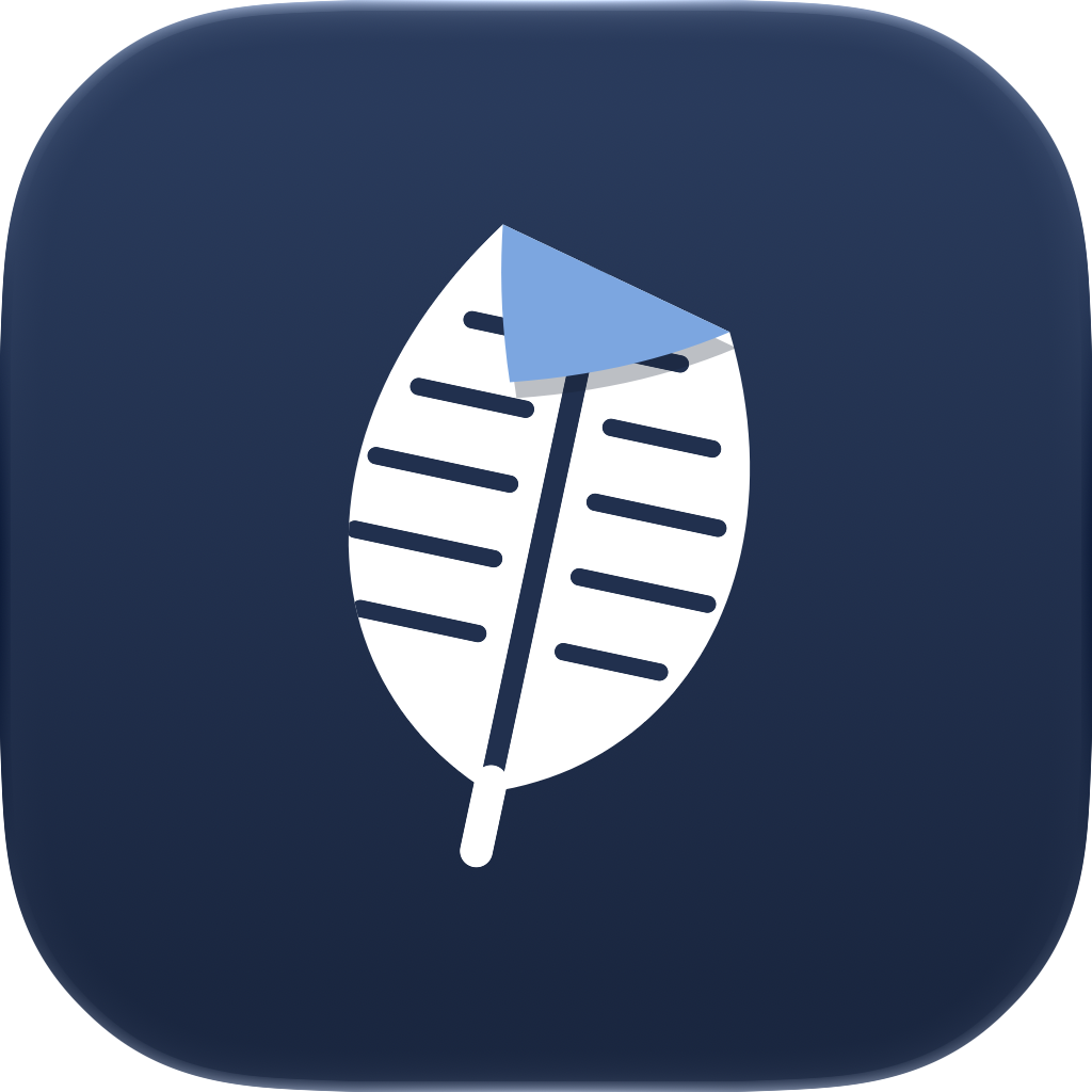The Leafin icon: a white leaf whose veins are lines of text, with a sky-blue dog-eared tip, on navy.